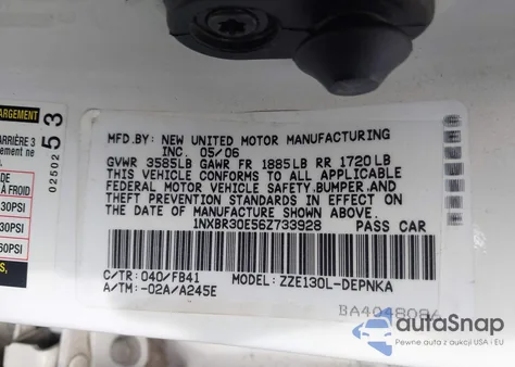 2006 Toyota Corolla Le from USA, damaged, VIN 1NXBR30E56Z733928